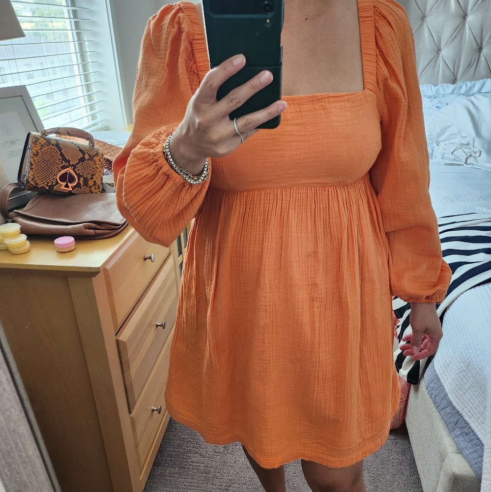 Orange 100% Cotton Long-sleeve Mini Dress